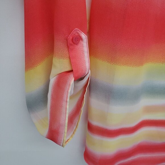 ALYX Womens Button Up Colorful Striped Sheer Blouse Top Size L Roll Tab Sleeve - Picture 7 of 13